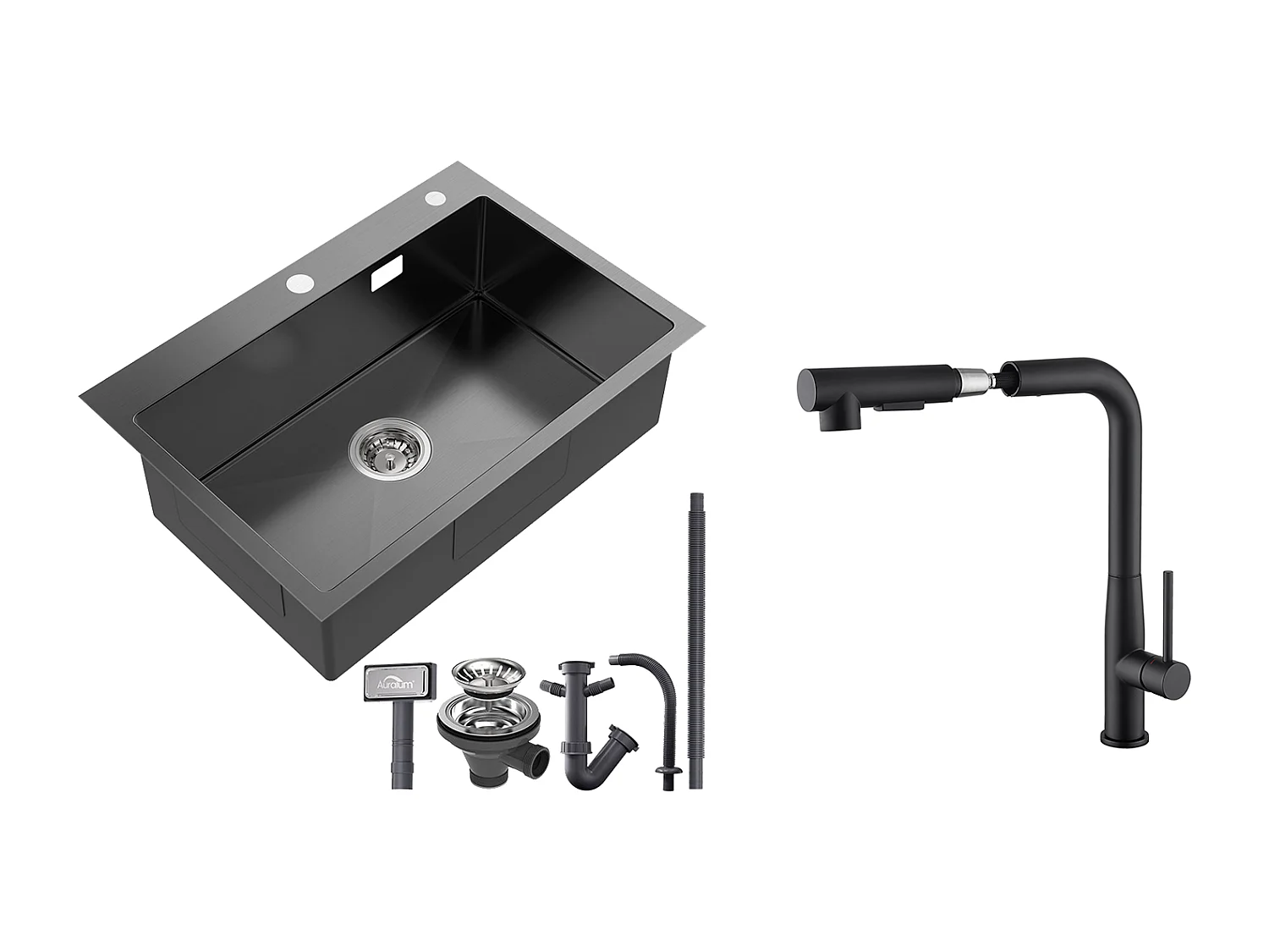 Évier Cuisine 1 Bac Inox Noir 65x45CM,encastré/à Poser+Robinet Cuisine avec Douchette Extractible Rotatif 360°,Eau Chaude/Froide,Noir