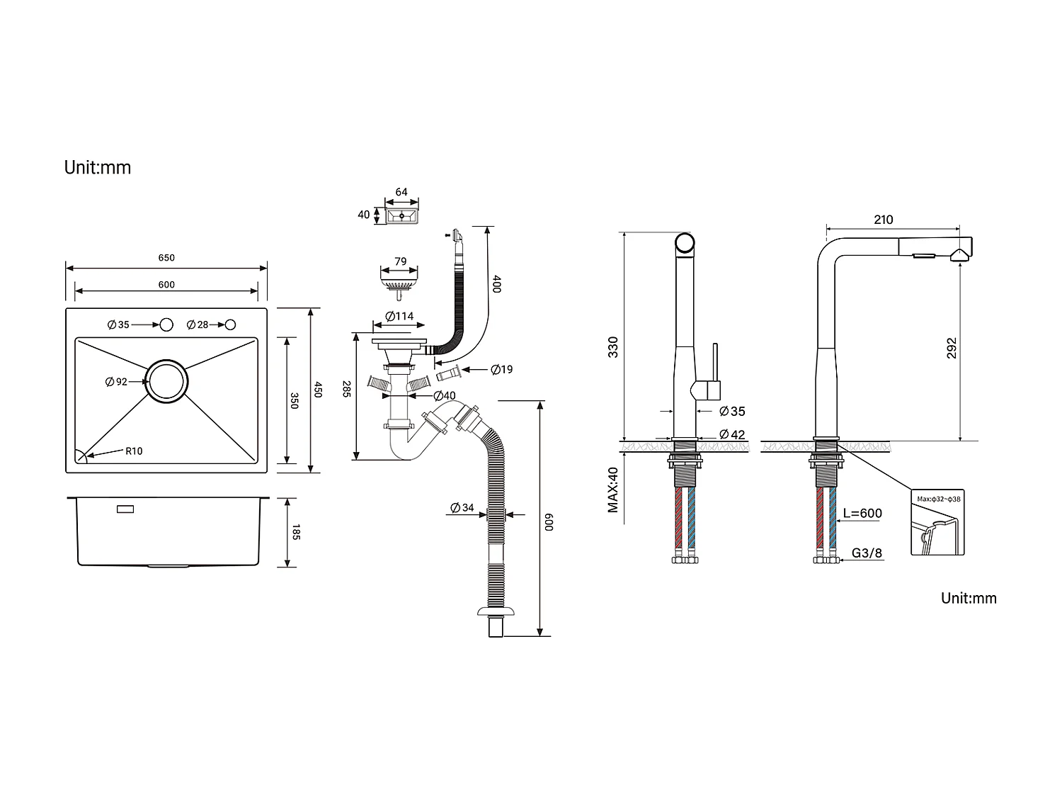 Évier Cuisine 1 Bac Inox Noir 65x45CM,encastré/à Poser+Robinet Cuisine avec Douchette Extractible Rotatif 360°,Eau Chaude/Froide,Noir