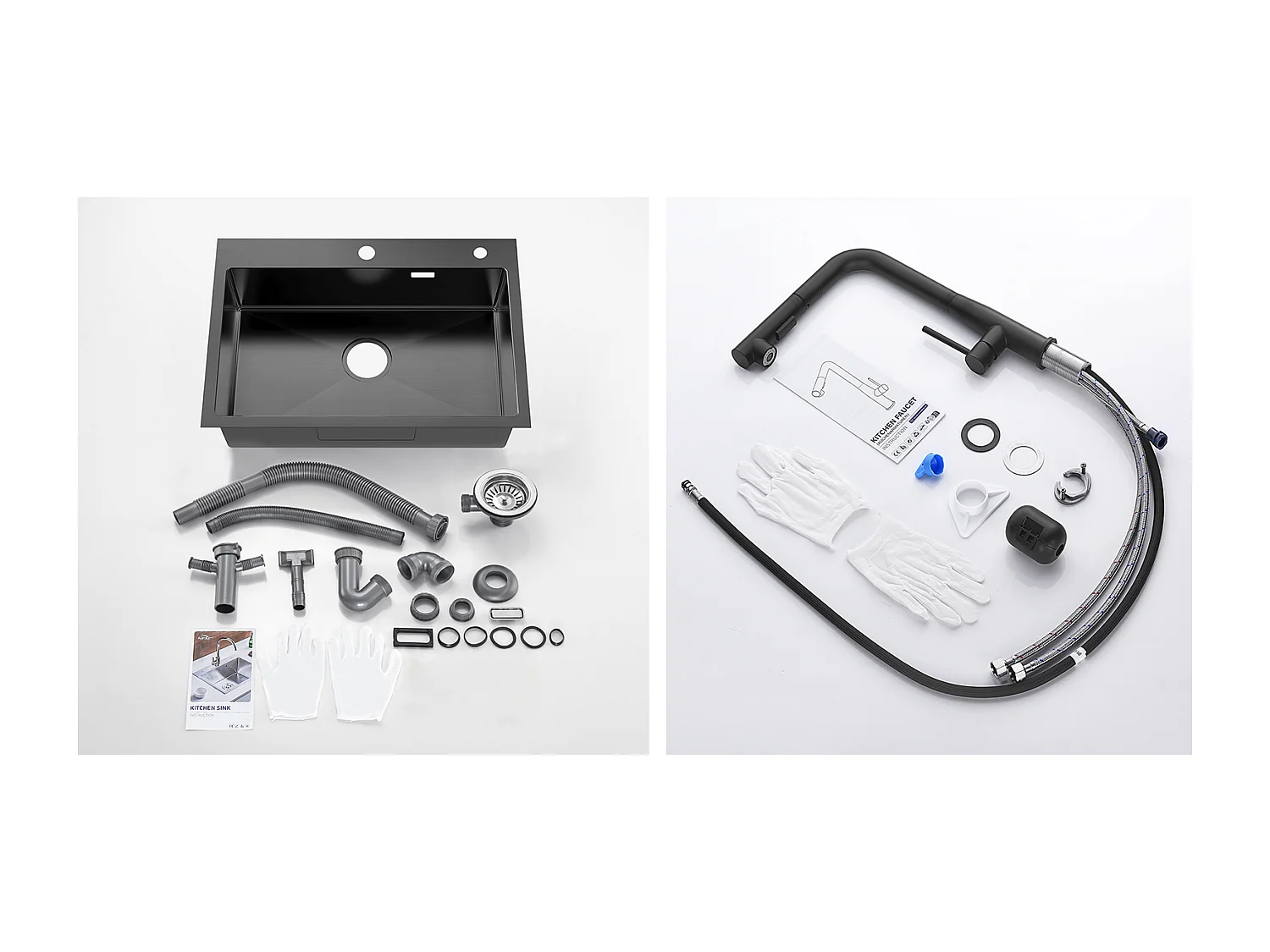 Évier Cuisine 1 Bac Inox Noir 65x45CM,encastré/à Poser+Robinet Cuisine avec Douchette Extractible Rotatif 360°,Eau Chaude/Froide,Noir