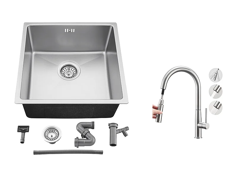 Lavello incasso É 44x44x20CM,Lavello cucina 1 vasca  inossidabile,argento+rubinetto cucina con doccetta estraibile,2 modalità Jet,Spazzolato