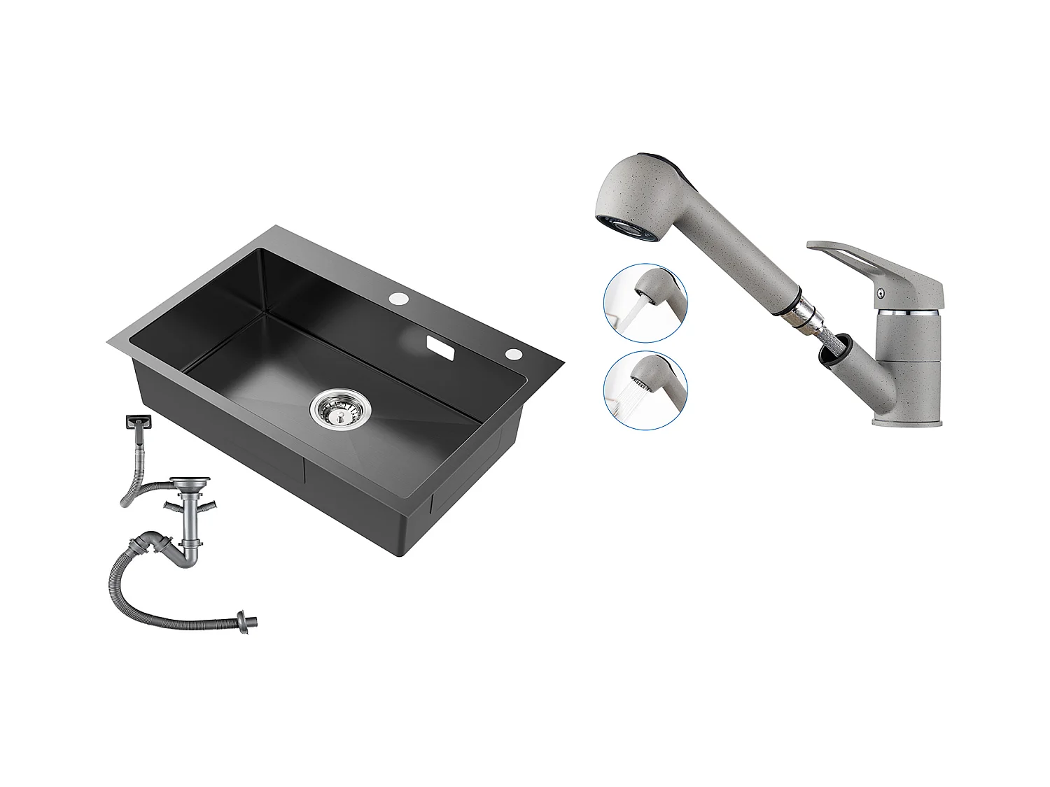 Évier Cuisine 1 Bac Acier Inoxydable Noir 65x45CM,encastré/à Poser+Robinet Cuisine avec Douchette Extractible 2 Jets,Eau Froide et Chaude,Gris