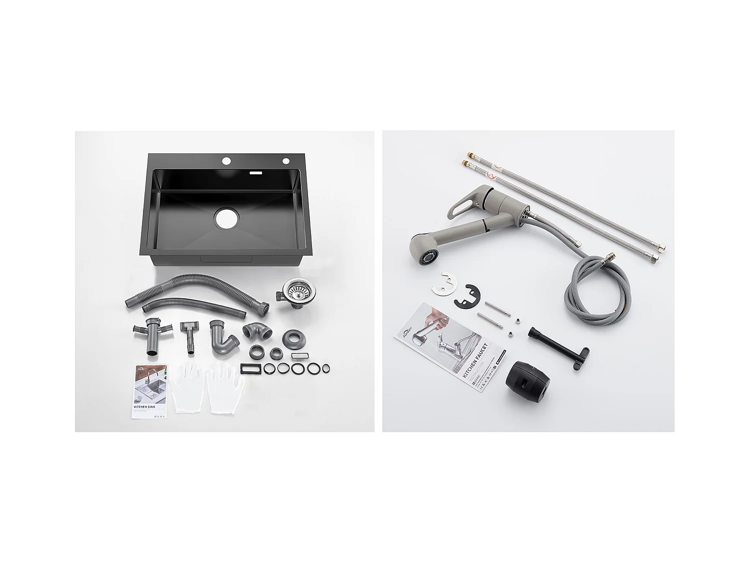 Aanrecht 1 Bak Roestvrij Staal Zwart 65x45CM, Inbouw/Opzetbaar+ Keukenkraan met Uittrekbare Handdouche 2 Stralen, Koud en Warm Water, Grijs