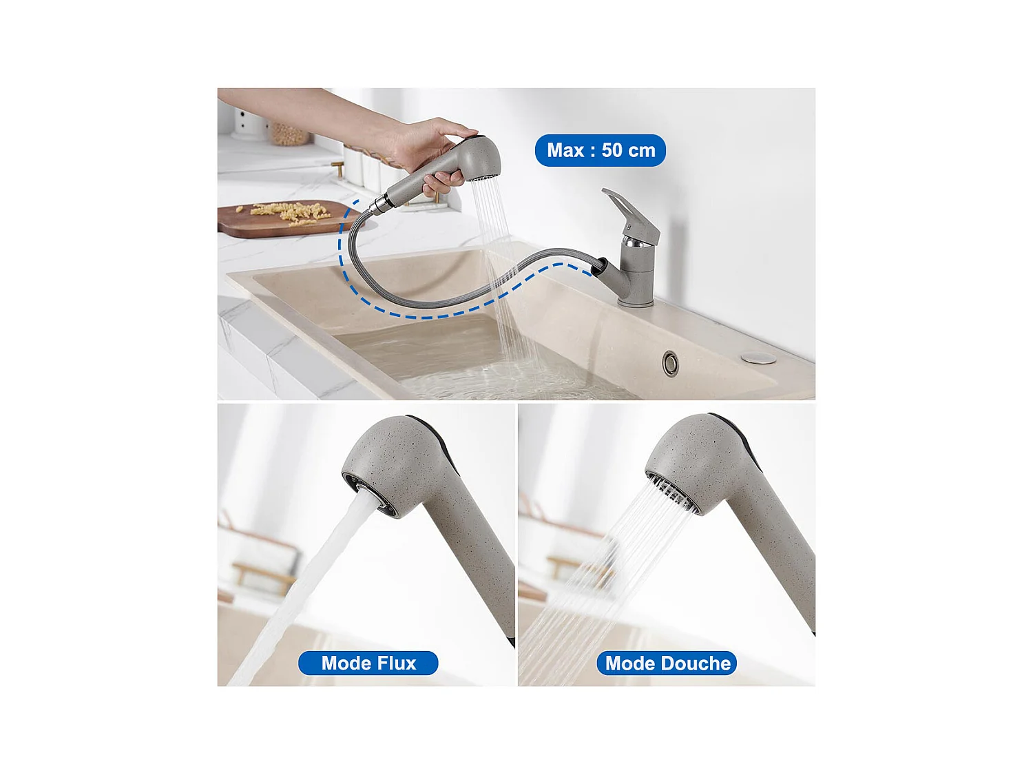 Aanrecht 1 Bak Roestvrij Staal Zwart 65x45CM, Inbouw/Opzetbaar+ Keukenkraan met Uittrekbare Handdouche 2 Stralen, Koud en Warm Water, Grijs