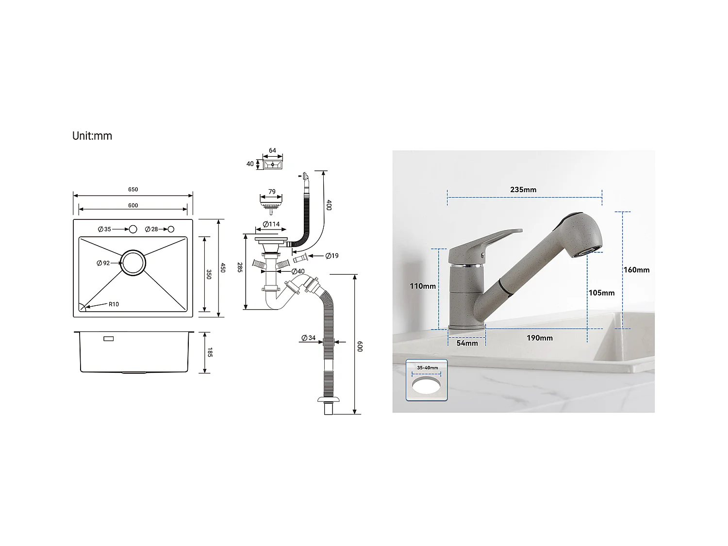 Aanrecht 1 Bak Roestvrij Staal Zwart 65x45CM, Inbouw/Opzetbaar+ Keukenkraan met Uittrekbare Handdouche 2 Stralen, Koud en Warm Water, Grijs