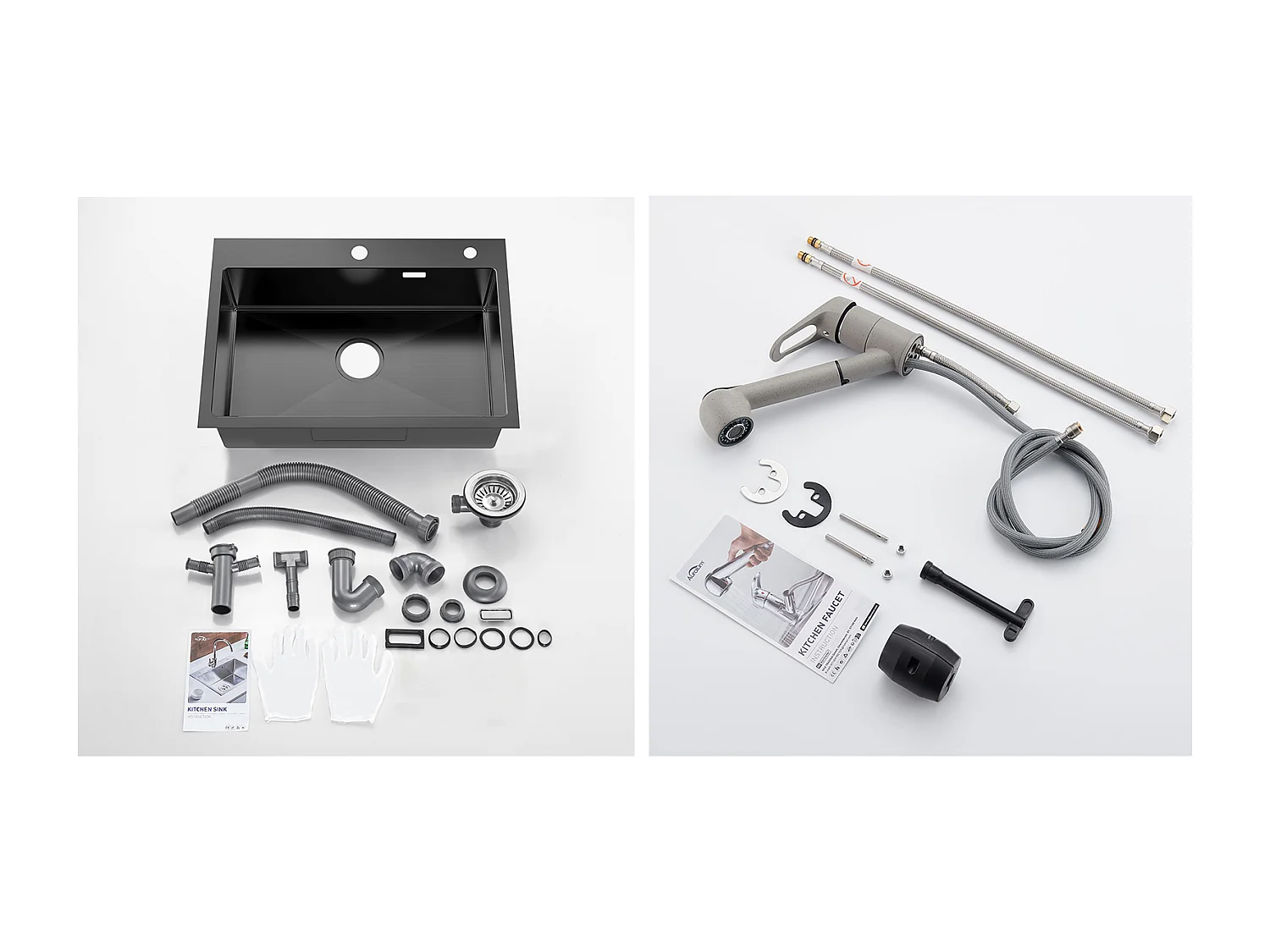 Aanrecht 1 Bak Roestvrij Staal Zwart 65x45CM, Inbouw/Opzetbaar+ Keukenkraan met Uittrekbare Handdouche 2 Stralen, Koud en Warm Water, Grijs