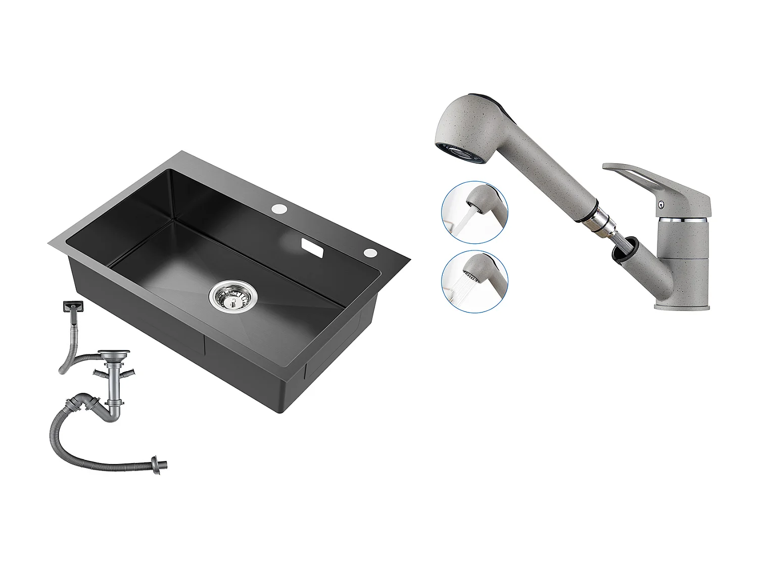 Évier Cuisine 1 Bac Acier Inoxydable Noir 65x45CM,encastré/à Poser+Robinet Cuisine avec Douchette Extractible 2 Jets,Eau Froide et Chaude,Gris