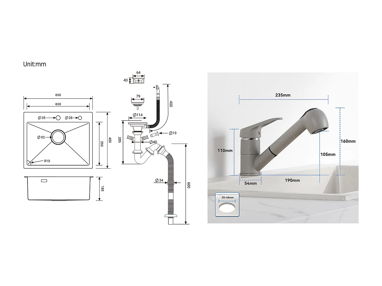 Évier Cuisine 1 Bac Acier Inoxydable Noir 65x45CM,encastré/à Poser+Robinet Cuisine avec Douchette Extractible 2 Jets,Eau Froide et Chaude,Gris