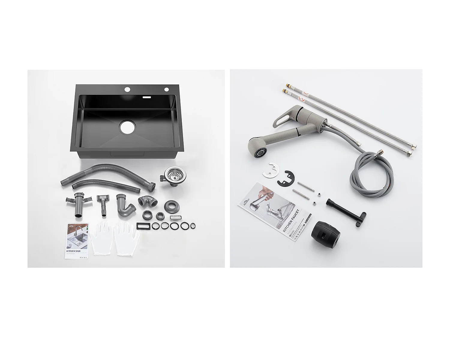Évier Cuisine 1 Bac Acier Inoxydable Noir 65x45CM,encastré/à Poser+Robinet Cuisine avec Douchette Extractible 2 Jets,Eau Froide et Chaude,Gris