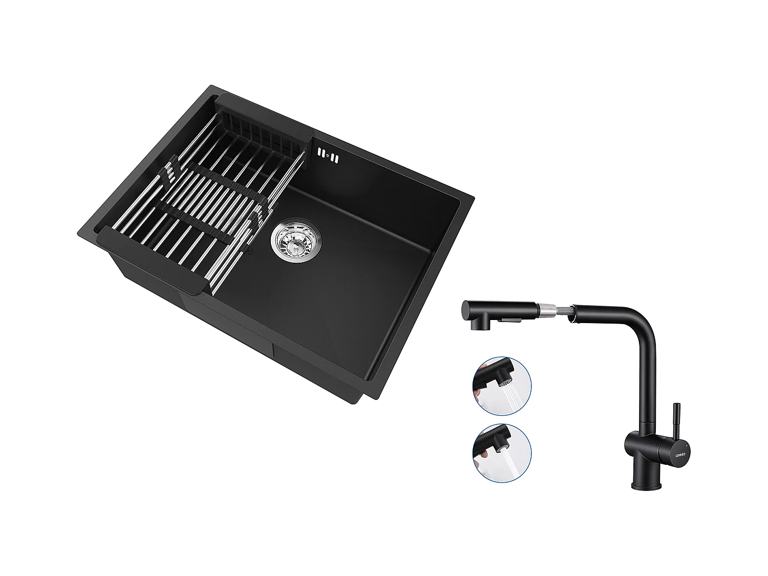 Évier Cuisine 1 Bac 60*44*20CM,inox 304,à Encastrer avec Panier Drainage,Noir+Robinet Cuisine Douchette Extractible Deux Jets Pivotant 360°,Noir