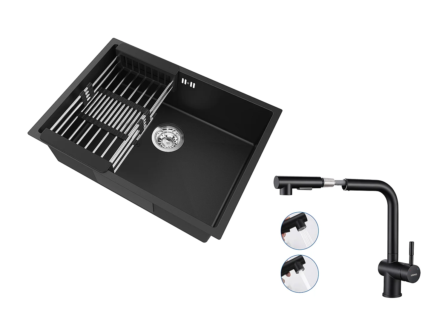 Évier Cuisine 1 Bac 60*44*20CM,inox 304,à Encastrer avec Panier Drainage,Noir+Robinet Cuisine Douchette Extractible Deux Jets Pivotant 360°,Noir
