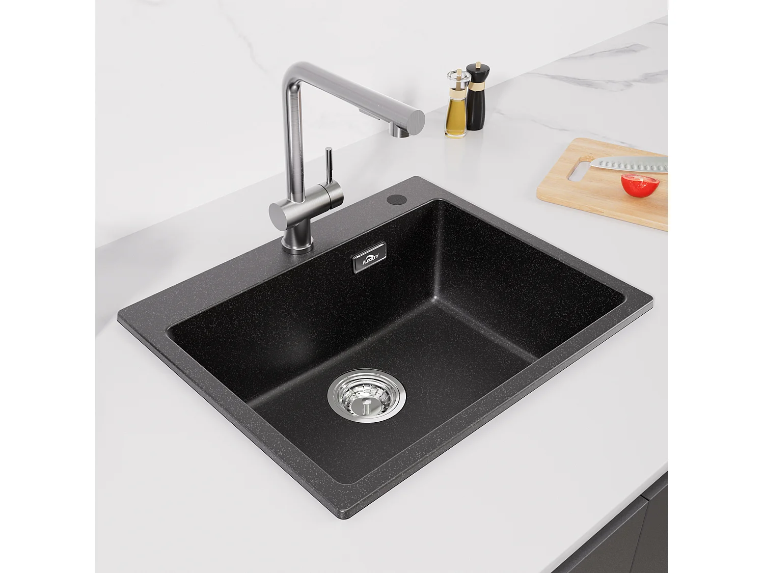 1 Bac Évier Cuisine en Granit,55*45*20cm,Kit de Vidage,Noir+Robinet Cuisine,Orientable 360°,Eau Chaude/Froide,Noir