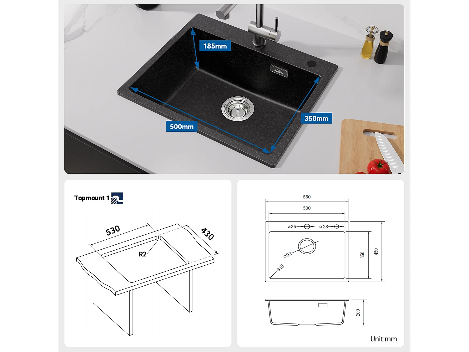 1 Bac Évier Cuisine en Granit,55*45*20cm,Kit de Vidage,Noir+Robinet Cuisine,Orientable 360°,Eau Chaude/Froide,Noir