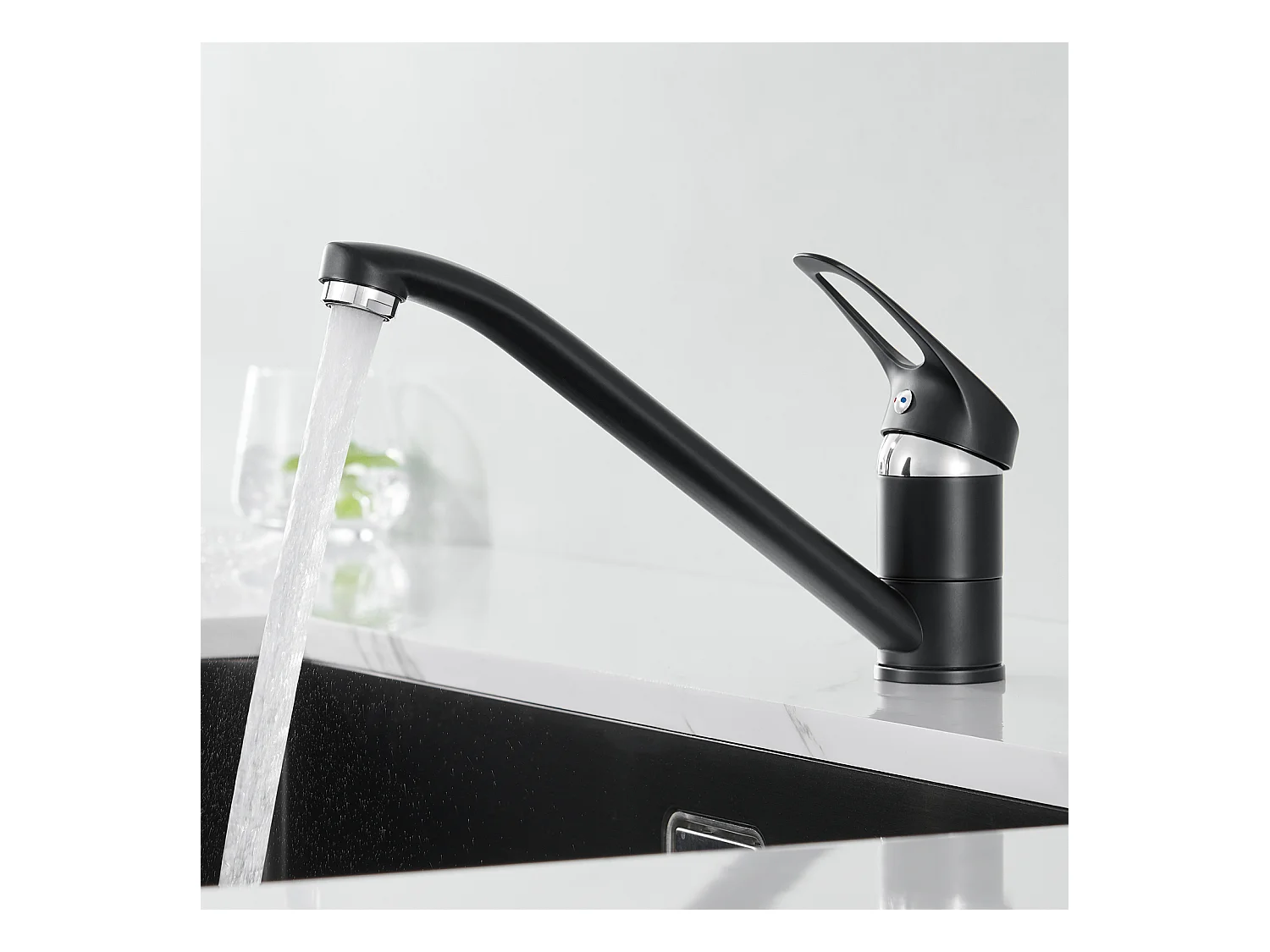 1 Bac Évier Cuisine en Granit,55*45*20cm,Kit de Vidage,Noir+Robinet Cuisine,Orientable 360°,Eau Chaude/Froide,Noir