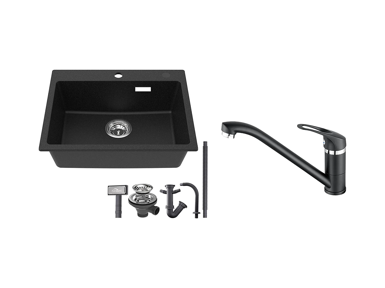 1 Bandeja Fregadero Cocina de Granito,55*45*20cm,Kit de Desagüe,Negro+Grifo Cocina,Orientable 360°,Agua Caliente/Fría,Negro