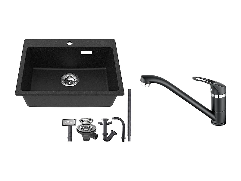 1 Bandeja Fregadero Cocina de Granito,55*45*20cm,Kit de Desagüe,Negro+Grifo Cocina,Orientable 360°,Agua Caliente/Fría,Negro