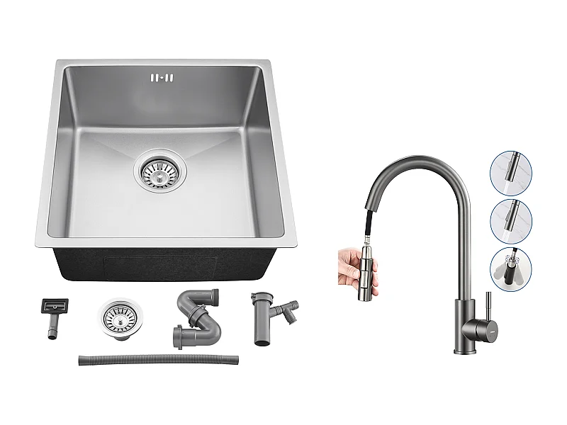 Évier Encastré 44x44x20CM-Évier Cuisine 1 Bac en Acier Inoxydable,Argent+Mitigeur Cuisine avec Douchette Extractible Gris Foncé Rotatif 360 °