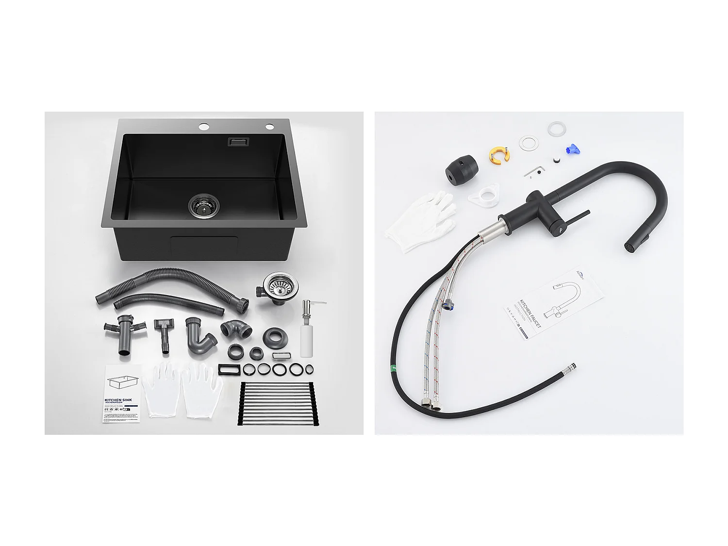 Évier Cuisine1Bac Noir 58*45*18CM,avec Egouttoir évier Enroulable/Distributeur Savon+robinet de cuisine rétractable à deux fonctions, Noir