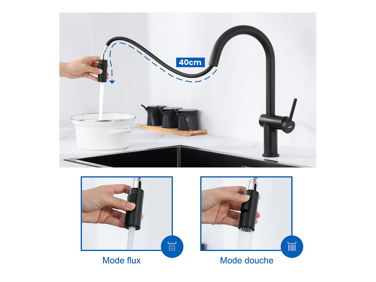 Évier Cuisine1Bac Noir 58*45*18CM,avec Egouttoir évier Enroulable/Distributeur Savon+robinet de cuisine rétractable à deux fonctions, Noir