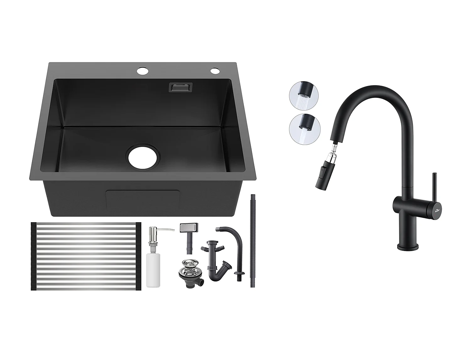 Évier Cuisine1Bac Noir 58*45*18CM,avec Egouttoir évier Enroulable/Distributeur Savon+robinet de cuisine rétractable à deux fonctions, Noir