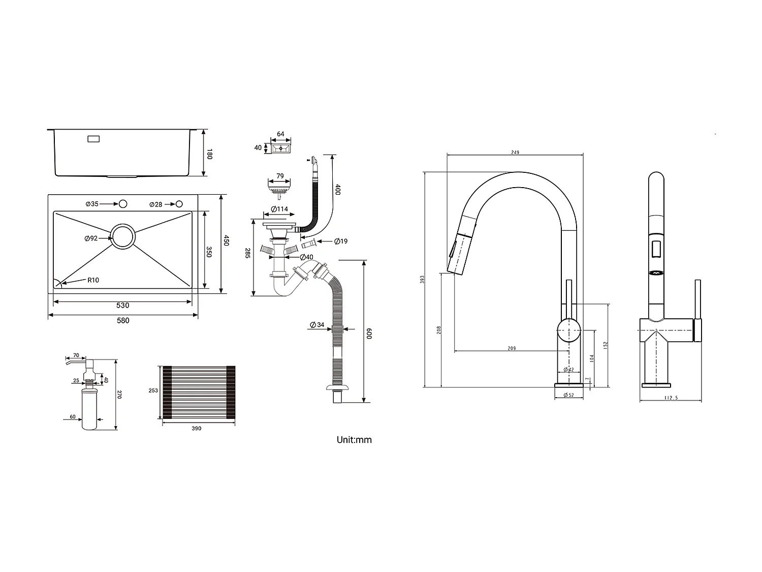 Évier Cuisine1Bac Noir 58*45*18CM,avec Egouttoir évier Enroulable/Distributeur Savon+robinet de cuisine rétractable à deux fonctions, Noir
