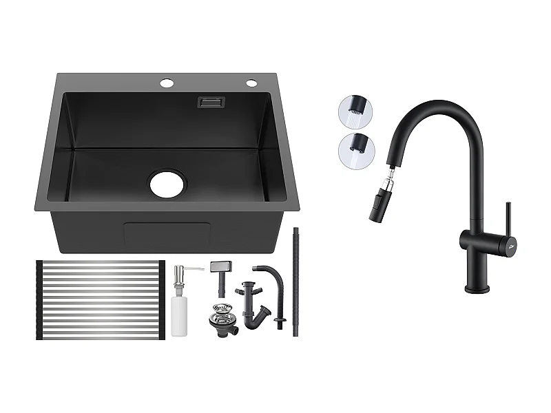 Évier Cuisine1Bac Noir 58*45*18CM,avec Egouttoir évier Enroulable/Distributeur Savon+robinet de cuisine rétractable à deux fonctions, Noir