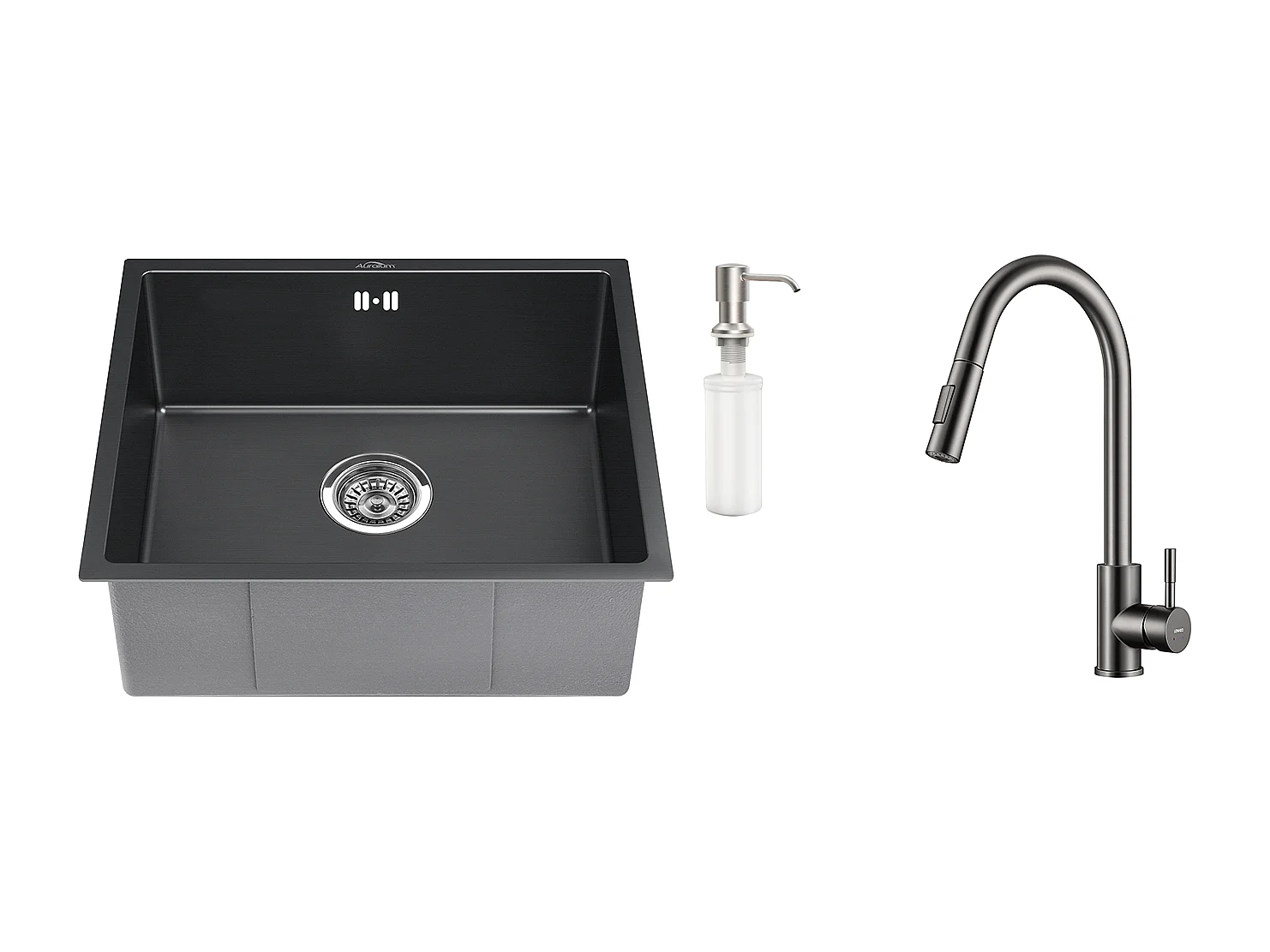 Fregadero Negro 1 Bandeja 50x43x18,5CM, Acero Inoxidable, con Distributor de Jabón+Grifo Cocina Ducha Extragible Gris Oscuro Rotativo 360 °