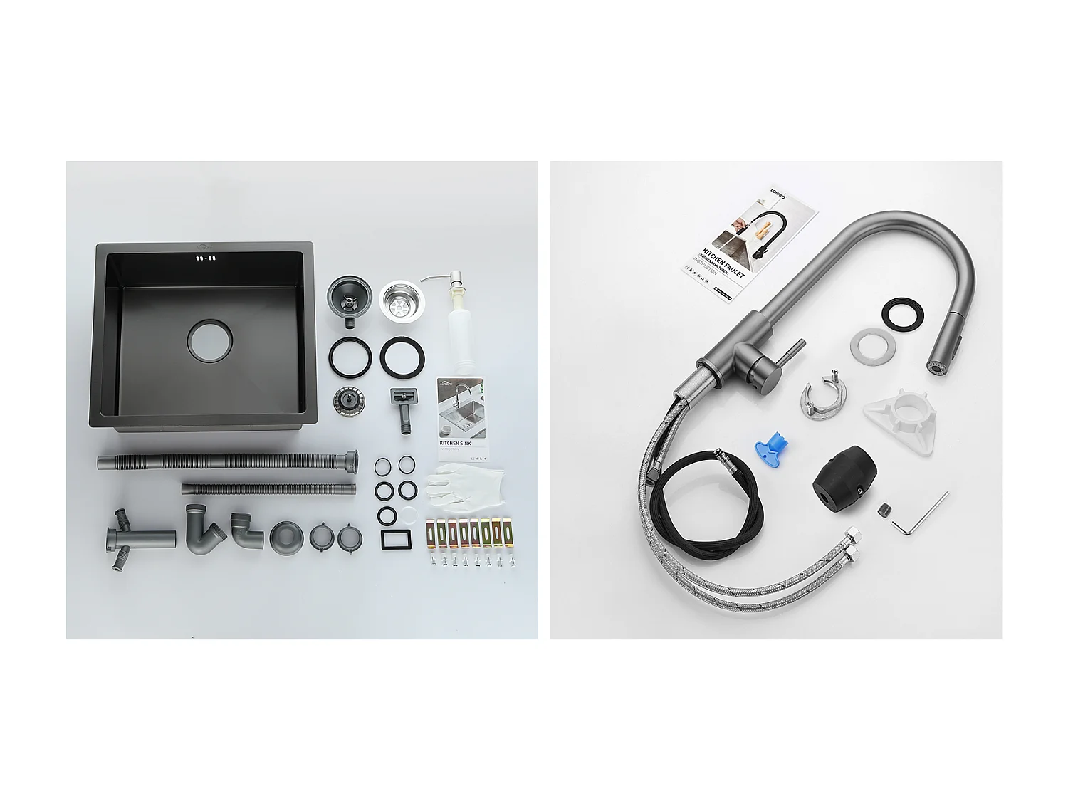 Fregadero Negro 1 Bandeja 50x43x18,5CM, Acero Inoxidable, con Distributor de Jabón+Grifo Cocina Ducha Extragible Gris Oscuro Rotativo 360 °