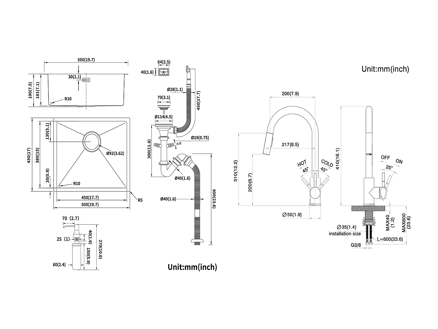Fregadero Negro 1 Bandeja 50x43x18,5CM, Acero Inoxidable, con Distributor de Jabón+Grifo Cocina Ducha Extragible Gris Oscuro Rotativo 360 °