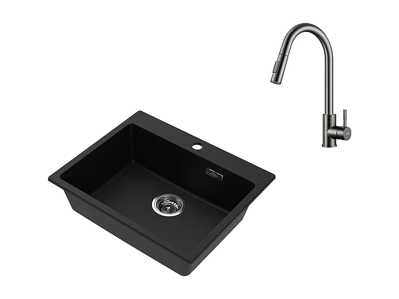 1 Bac Évier Cuisine en Granit,55*45*20cm,Kit de Vidage,Noir+Robinet Cuisine Douchette Extractible Gris Foncé Rotatif 360 ° 