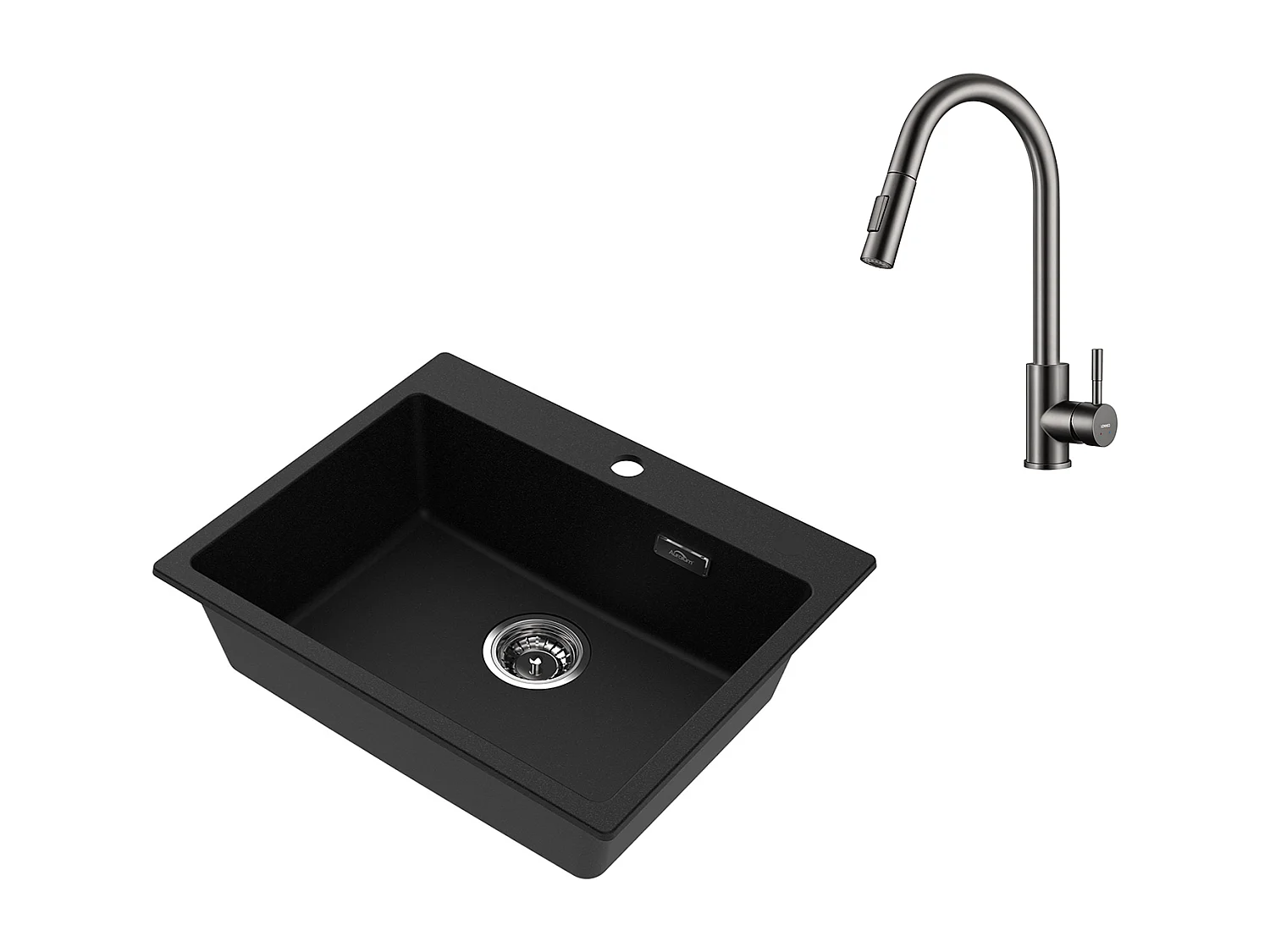 1 Bac Évier Cuisine en Granit,55*45*20cm,Kit de Vidage,Noir+Robinet Cuisine Douchette Extractible Gris Foncé Rotatif 360 ° 