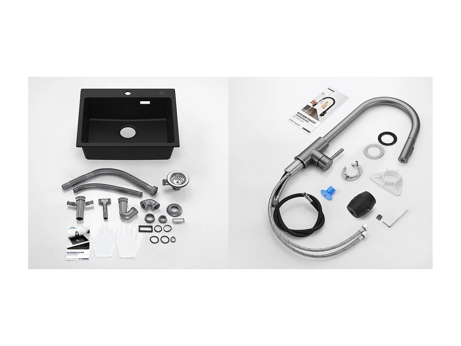 1 Bac Évier Cuisine en Granit,55*45*20cm,Kit de Vidage,Noir+Robinet Cuisine Douchette Extractible Gris Foncé Rotatif 360 ° 