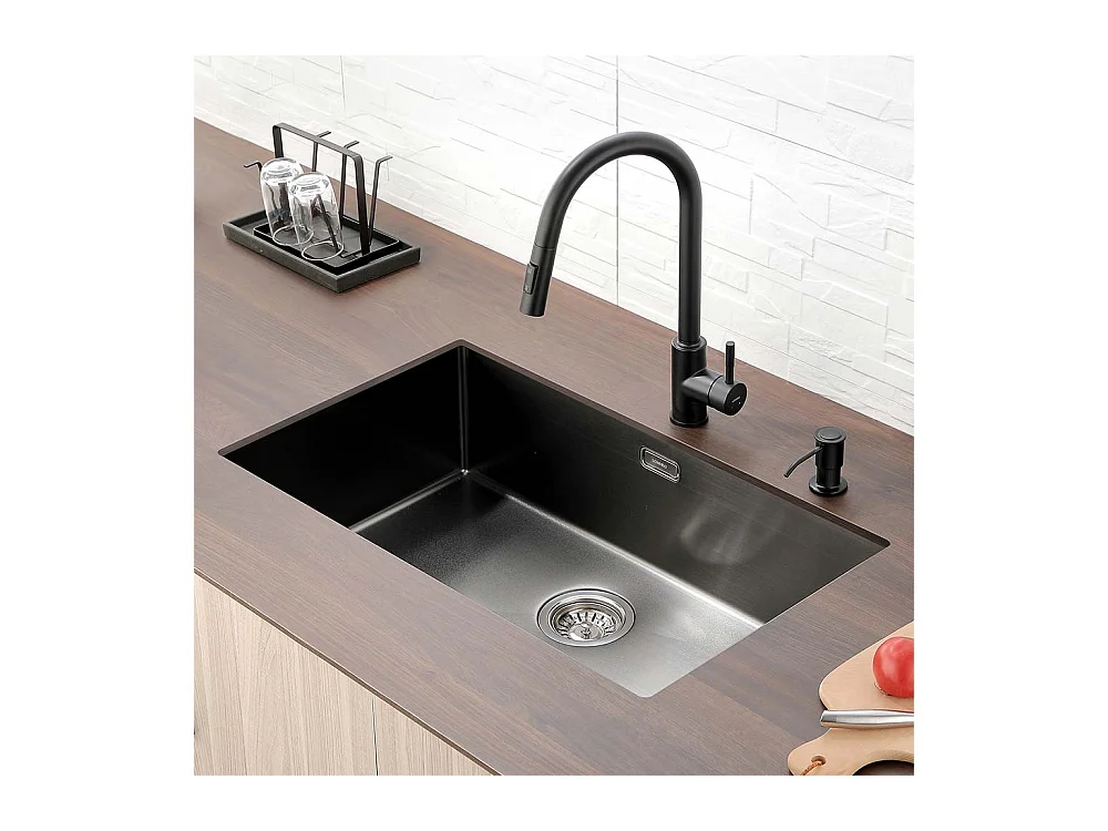 LONHEO MAX Évier Cuisine 1 Bac 74*44*20CM,en Inox Brossé avec Siphon et Trop-Pleinn,Noir