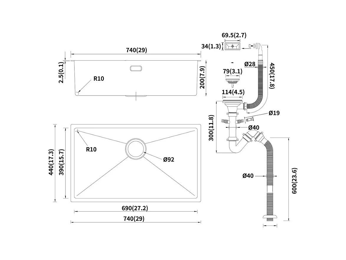 LONHEO MAX Aanrecht 1 Bak 74*44*20CM, in geborsteld roestvrij staal met sifon en over-plein, zwart