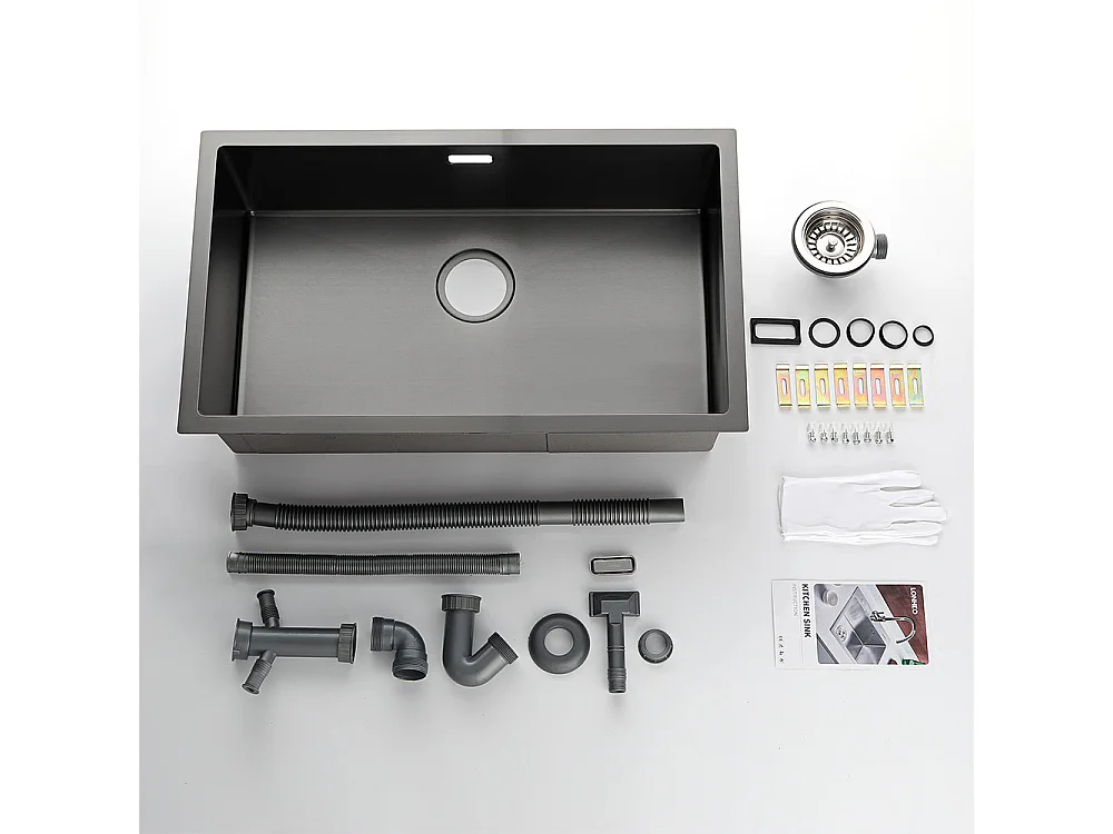 LONHEO MAX Aanrecht 1 Bak 74*44*20CM, in geborsteld roestvrij staal met sifon en over-plein, zwart