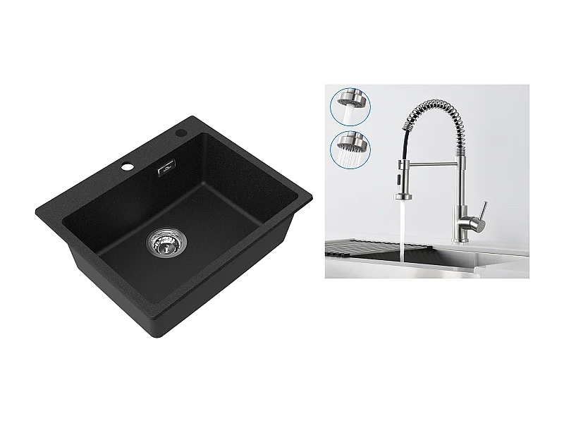 1 Bac Évier Cuisine en Granit,55*45*20cm,Kit de Vidage,Noir+Robinet Cuisine Ressort avec Douchette Extensible,2 Modes,Pivotant à 360°,Brossé