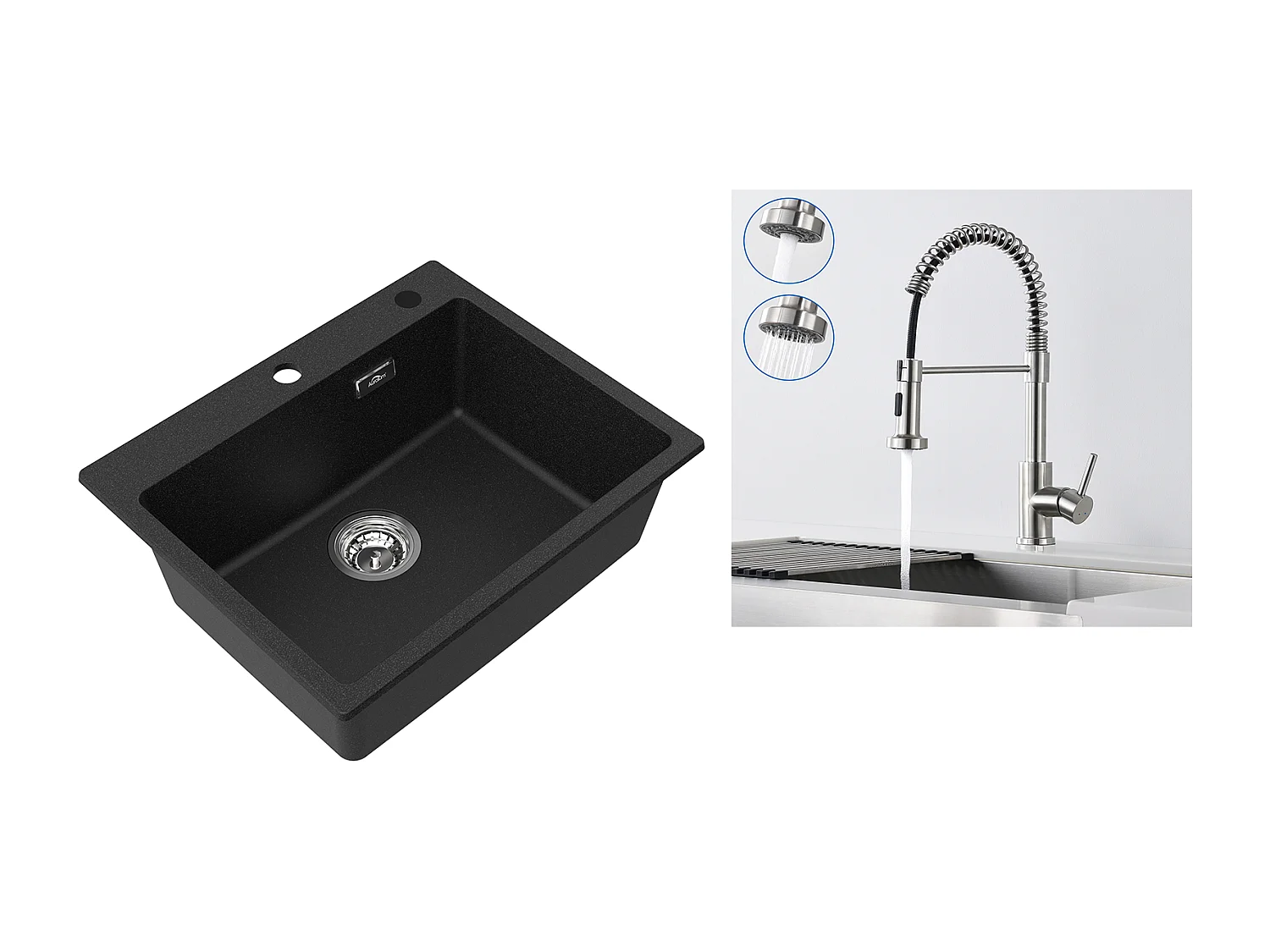 1 Bac Évier Cuisine en Granit,55*45*20cm,Kit de Vidage,Noir+Robinet Cuisine Ressort avec Douchette Extensible,2 Modes,Pivotant à 360°,Brossé