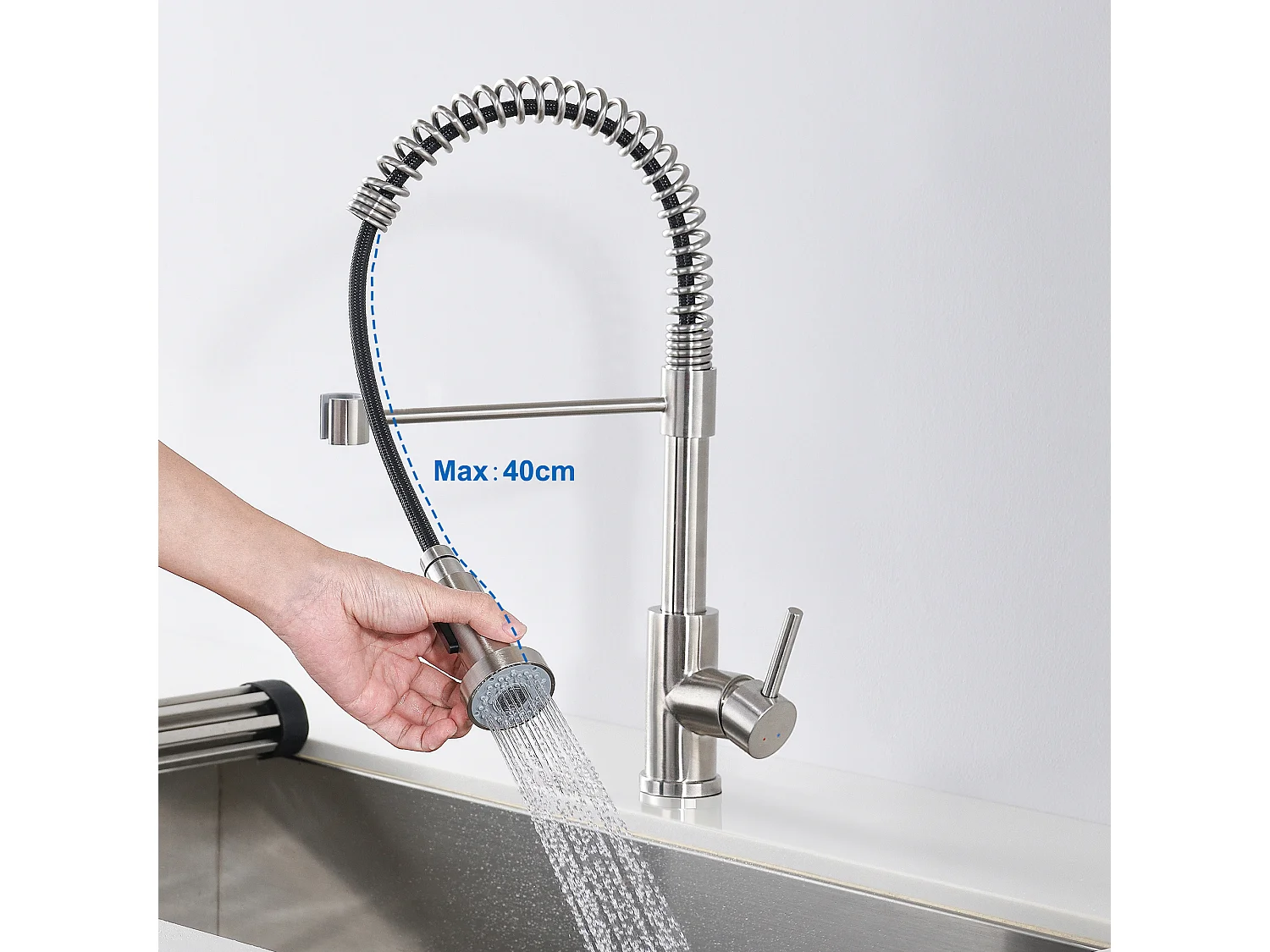 1 Bac Évier Cuisine en Granit,55*45*20cm,Kit de Vidage,Noir+Robinet Cuisine Ressort avec Douchette Extensible,2 Modes,Pivotant à 360°,Brossé