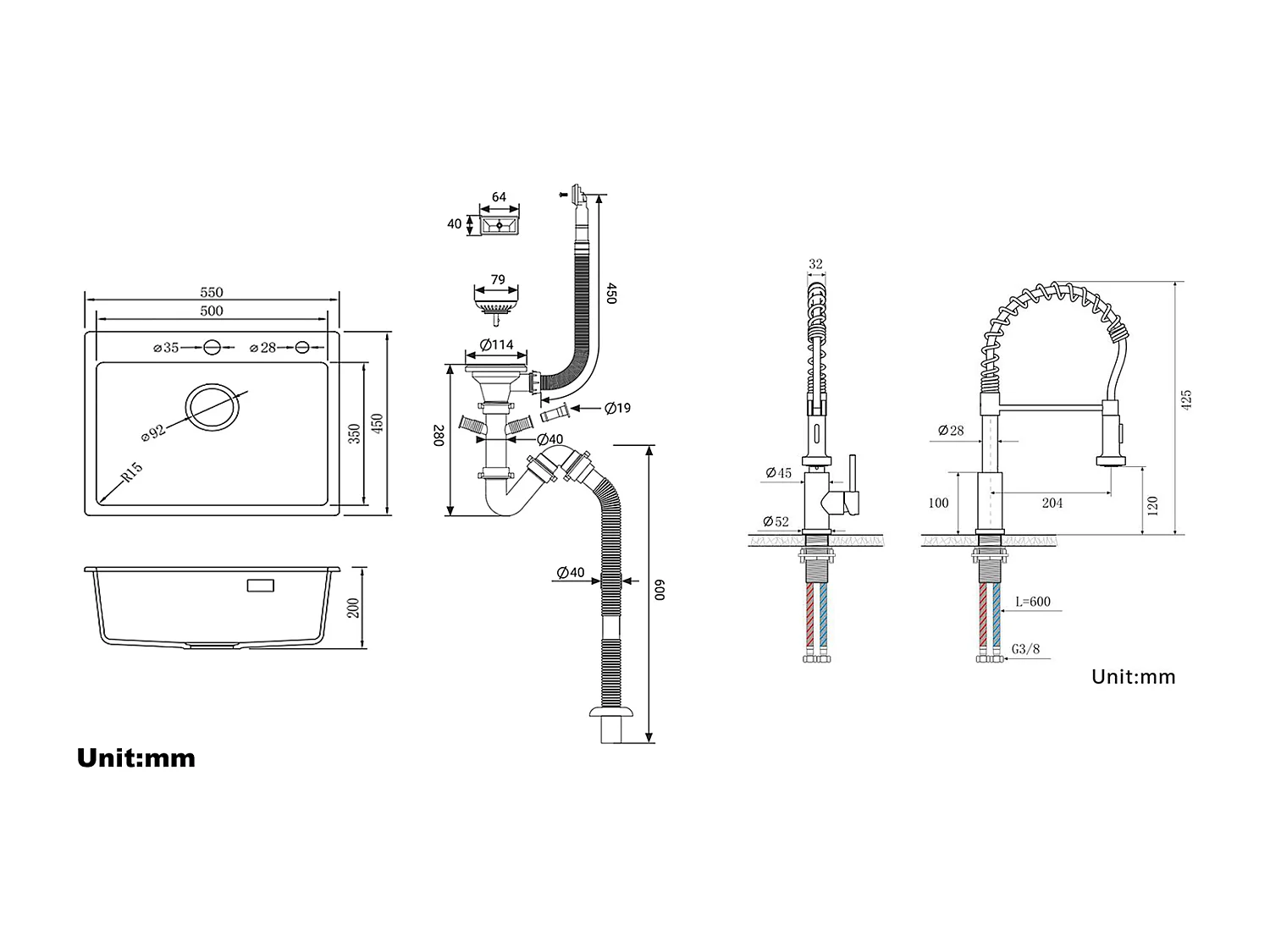 1 Bac Évier Cuisine en Granit,55*45*20cm,Kit de Vidage,Noir+Robinet Cuisine Ressort avec Douchette Extensible,2 Modes,Pivotant à 360°,Brossé