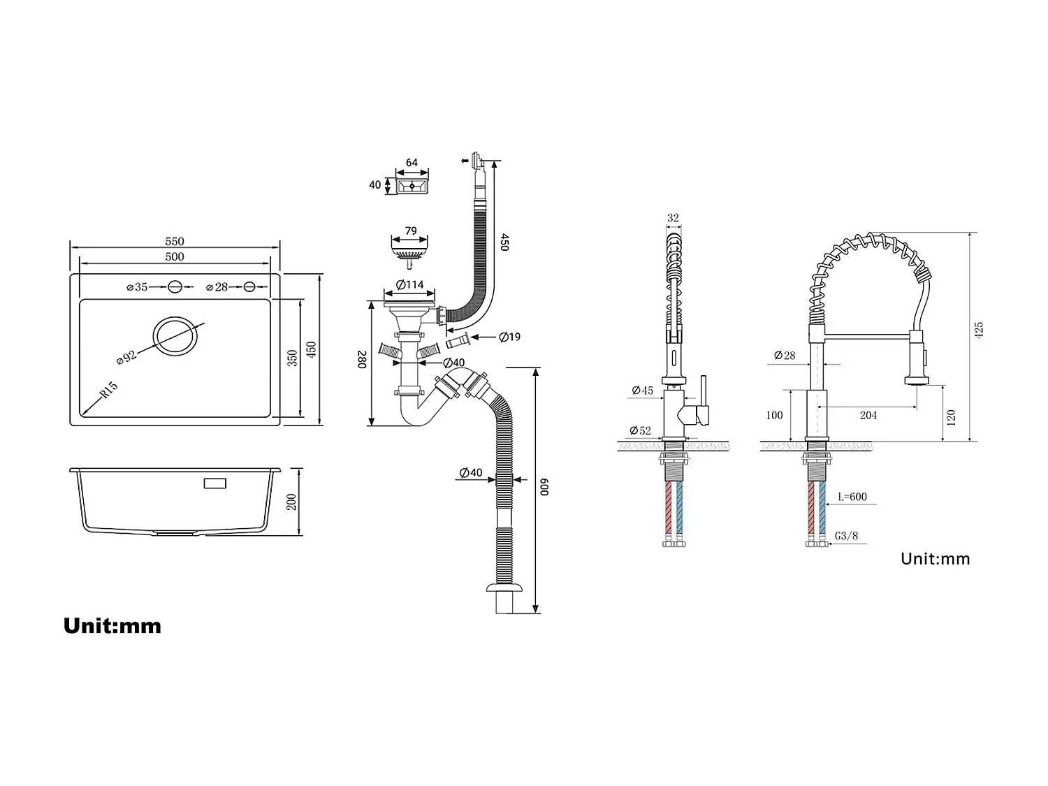 1 Bac Évier Cuisine en Granit,55*45*20cm,Kit de Vidage,Noir+Robinet Cuisine Ressort avec Douchette Extensible,2 Modes,Pivotant à 360°,Brossé