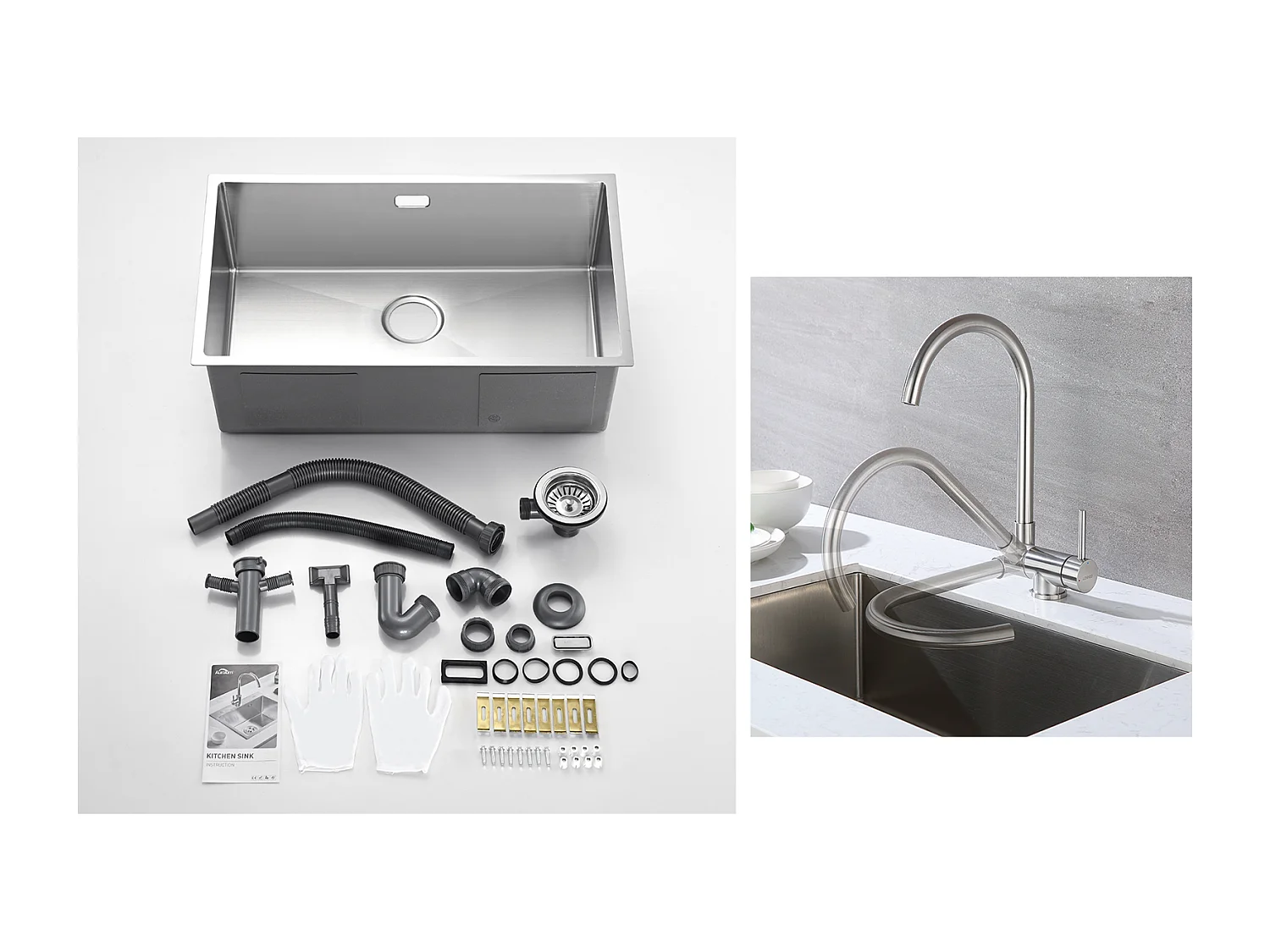 Aanrecht 1 bak 74*44*20CM 304 RVS Geborstelde spoelbak met sifon en overstopper + roestvrijstalen 304 opklapbare keukenmengkraan 360° draaibaar