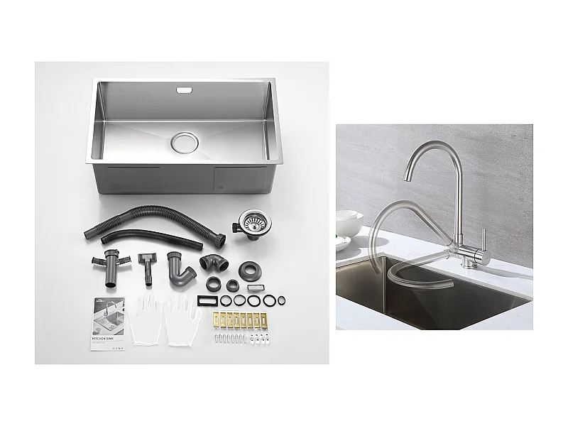 Fregadero Cocina 1 Bandeja 74*44*20CM 304 Inox Fregadero Cepillado con Sifón y Trop-Plein+Mezclador Cocina  InoX 304 Plegable Girando 360°