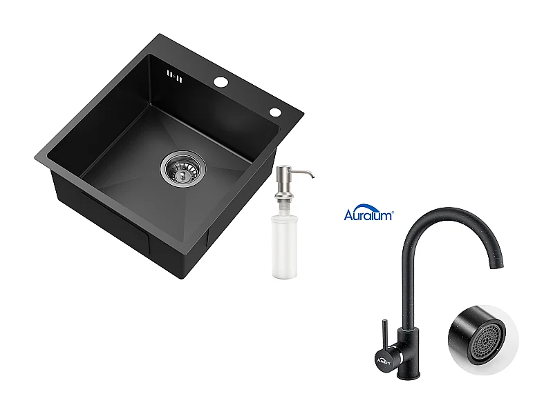 Fregadero de Cocina 1 Bandeja Negro,Inox,44*49*20 CM,con Dispensador de Jabón+Grifo Cocina Rotativo 360°Agua Fría Caliente Negro