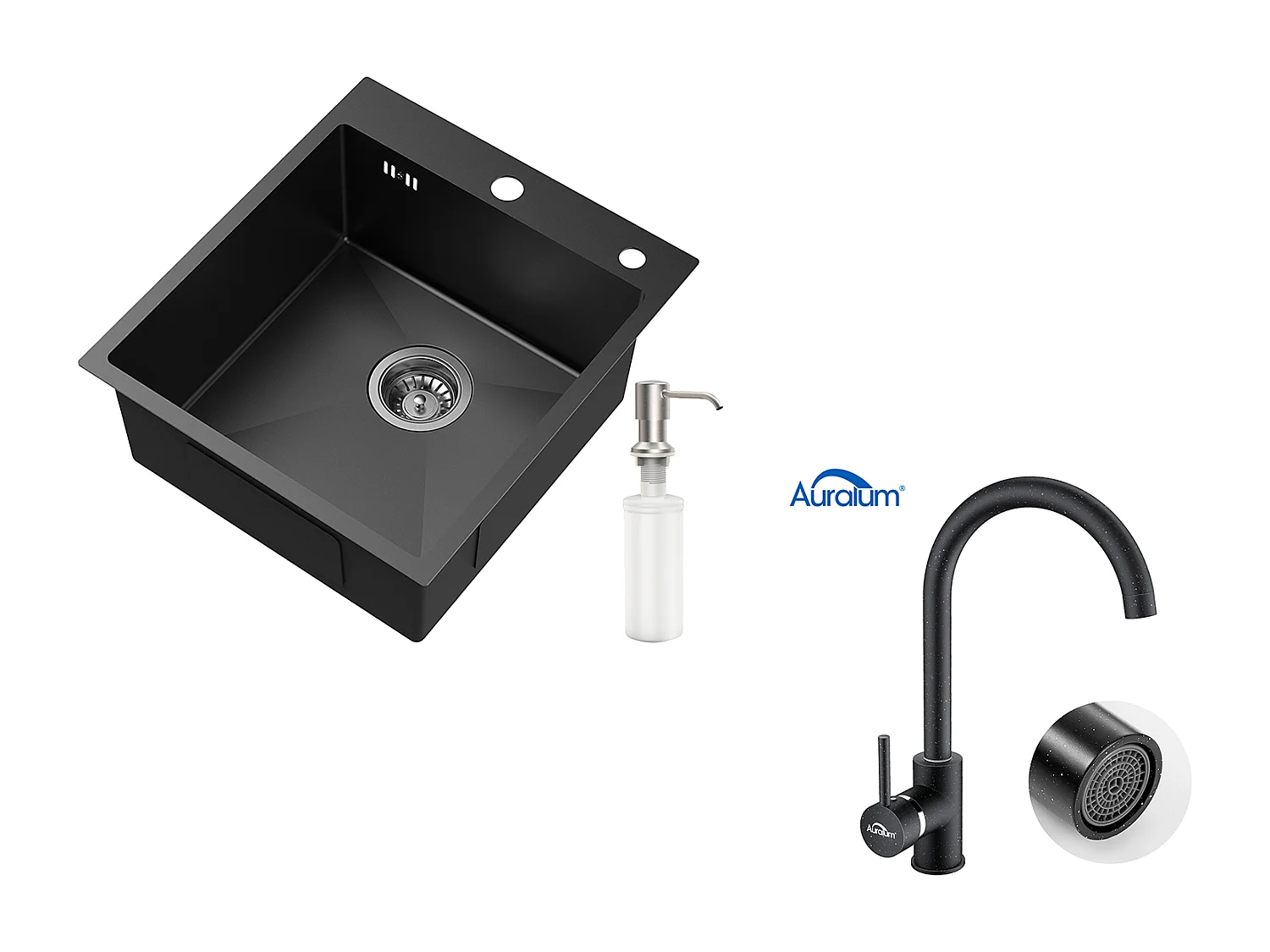 Aanrecht 1 Bak Zwart, RVS, 44*49*20 CM, met Zeepdispenser+ 360° Draaibare KeukenkraanKoud Water Warm Zwart met witte stippen