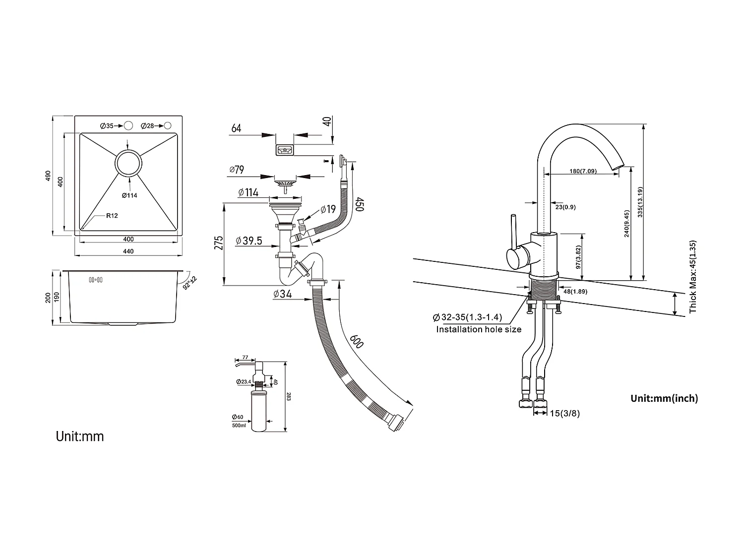 Aanrecht 1 Bak Zwart, RVS, 44*49*20 CM, met Zeepdispenser+ 360° Draaibare KeukenkraanKoud Water Warm Zwart met witte stippen