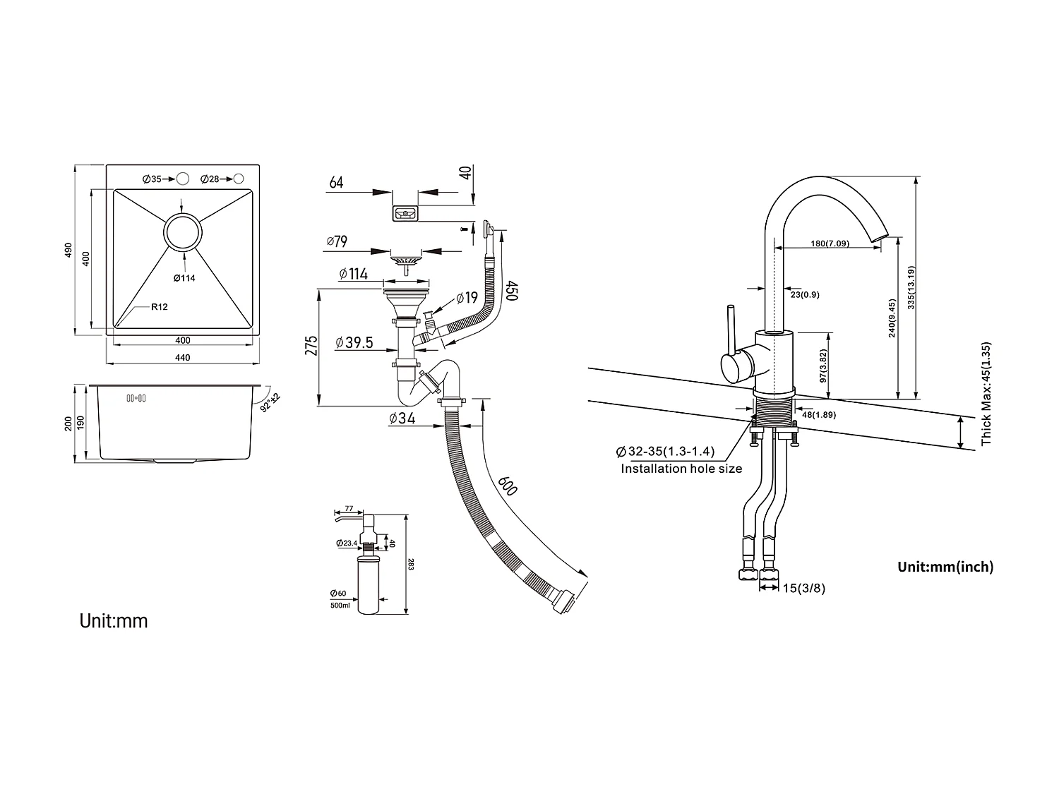 Aanrecht 1 Bak Zwart, RVS, 44*49*20 CM, met Zeepdispenser+ 360° Draaibare KeukenkraanKoud Water Warm Zwart met witte stippen
