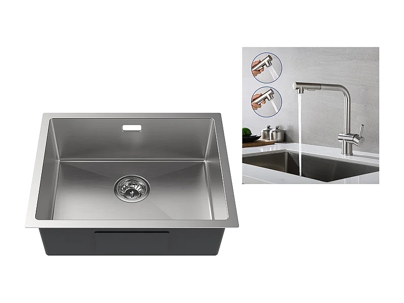 2 en1 Évier de Cuisine 1 Bac 55*44*19CM, à Encastrer/Fleur/ Sous-Plan, Brossé+Robinet Cuisine Douchette Extractible Deux Jets Pivotant 360°