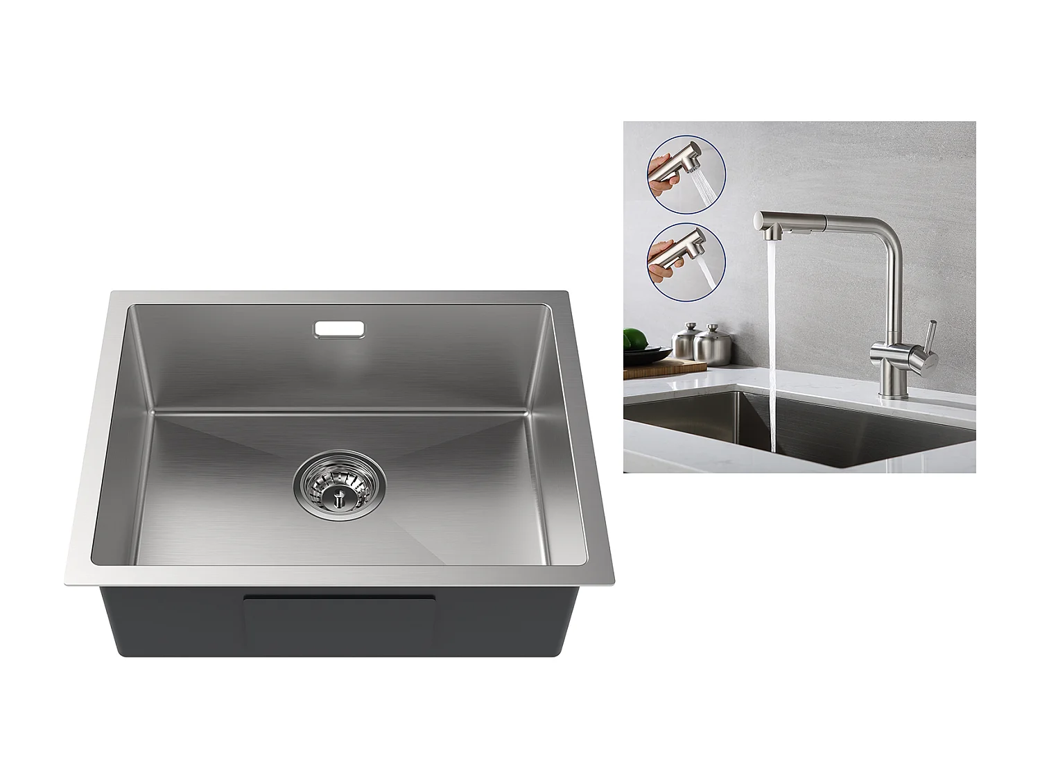 2 en1 Évier de Cuisine 1 Bac 55*44*19CM, à Encastrer/Fleur/ Sous-Plan, Brossé+Robinet Cuisine Douchette Extractible Deux Jets Pivotant 360°