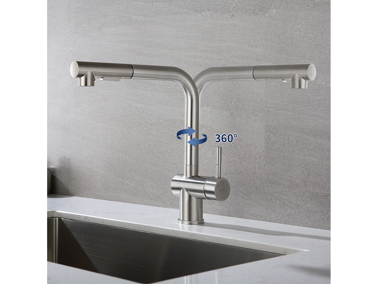 2 en1 Évier de Cuisine 1 Bac 55*44*19CM, à Encastrer/Fleur/ Sous-Plan, Brossé+Robinet Cuisine Douchette Extractible Deux Jets Pivotant 360°