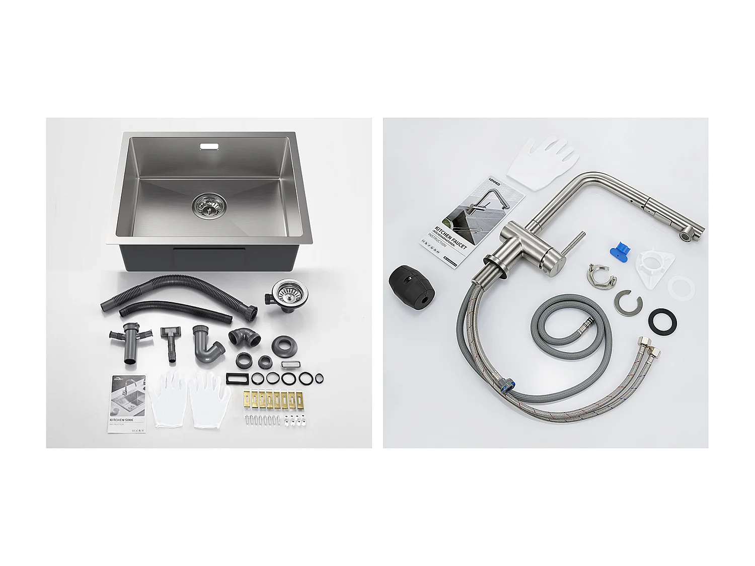 2 en1 Évier de Cuisine 1 Bac 55*44*19CM, à Encastrer/Fleur/ Sous-Plan, Brossé+Robinet Cuisine Douchette Extractible Deux Jets Pivotant 360°