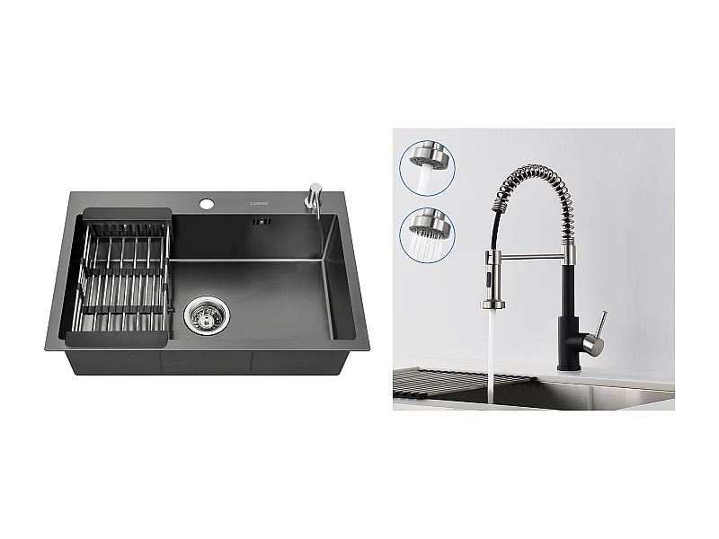 Zwarte Aanrecht 68x45x19CM met Zeepdispenser en Afdruiprekmand + Keukenkraan Lente met Uitschuifbare Handdouche,2 Modi,Zwart